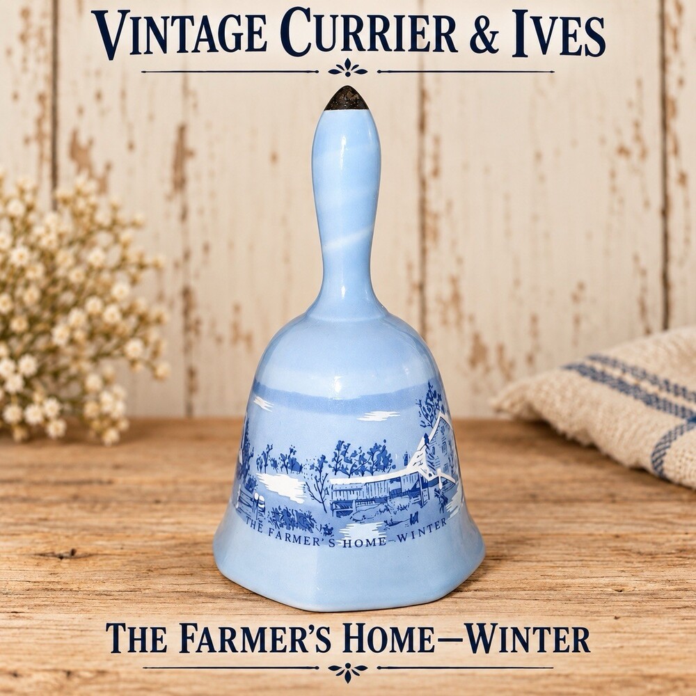 Vintage Currier & Ives Farmers Home Winter Blue Porcelain Bell 9 Inch